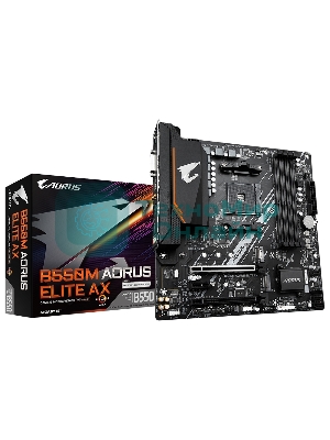 Материнская плата Gigabyte B550M AORUS ELITE AX, Socket AM4, AMD B550, 4xDDR4, 4xSATA, 2xM.2, 1xPCI-E 4.0 x16, 1xPCI-E 3.0 x4, 1xPCI-E x1, 1xDVI-D, 1xHDMI, 1x 1Gb LAN, 4xUSB-A 3.2 Gen 1, 4xUSB-A 2.0, 3x3.5 мм, 7.1, Micro-ATX