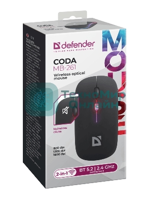 Мышь беспроводная Defender Coda MB-261 черный, 1600 dpi, радиоканал, Bluetooth, USB, кнопки - 4