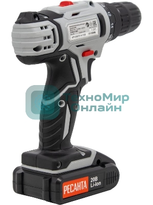 Дрель-шуруповерт Ресанта ДА-20-2ЛК, 20 В, 2 Ач, 55 Нм, щеточный
