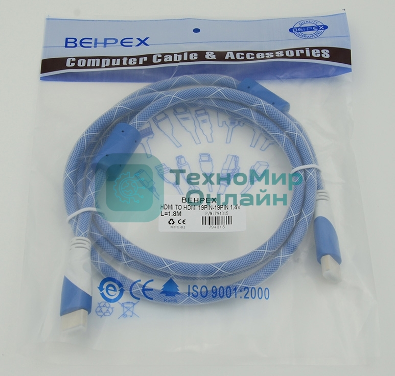Кабель HDMI Ver.1.4 синий/белый jack HDMI19 (m)/HDMI19 (m) 1.8м феррит.кольца позолоченные контакты
