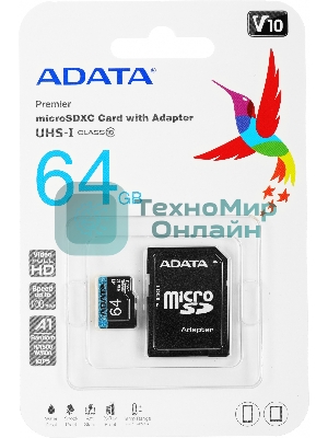 Флеш карта microSD 64Gb ADATA microSDHC Class 10 UHS-I A1 100/25 MB/s (SD адаптер)