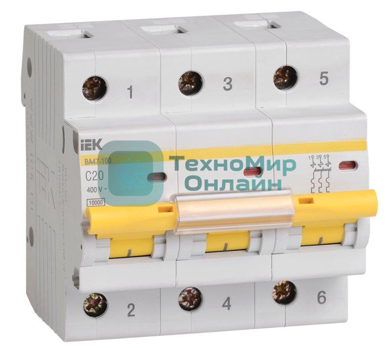 Выключатель автоматический ВА47-100 3Р 20А 10кА х-ка C MVA40-3-020-C IEK