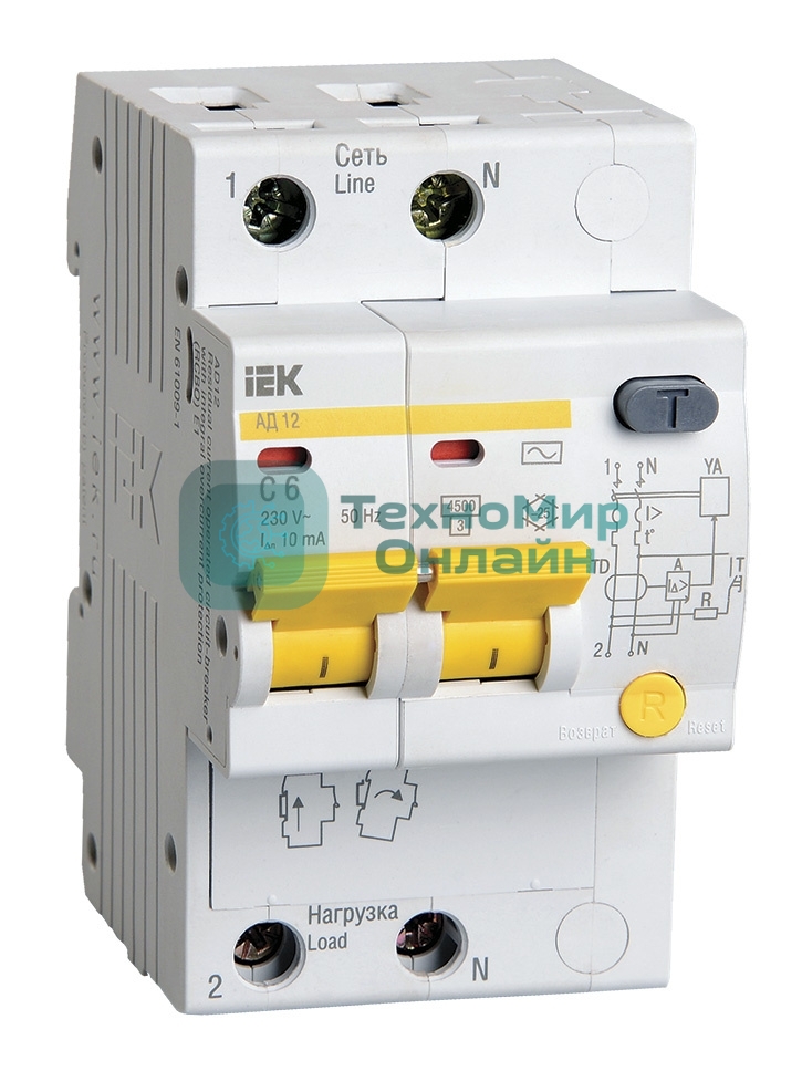 Выключатель автоматический дифференциального тока 2п C 6А 10мА тип AC 4.5кА АД-12 IEK MAD10-2-006-C-010