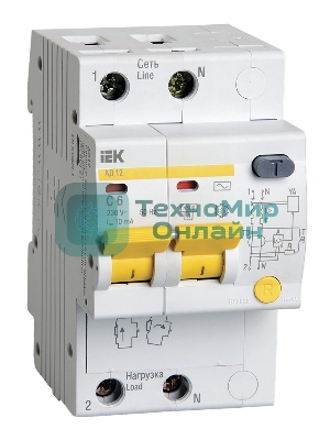 Выключатель автоматический дифференциального тока 2п C 6А 10мА тип AC 4.5кА АД-12 IEK MAD10-2-006-C-010