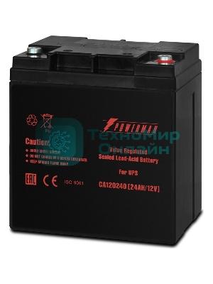 Батарея для ИБП Powerman Battery CA12240, напряжение 12В, емкость 24Ач, макс. ток разряда 360А, макс. ток заряда 7.2А, свинцово-кислотная типа AGM, тип клемм M1, Д/Ш/В 166/126/174, 8.4 кг. Battery POWERMAN Battery CA12240, voltage 12V, capacity 24Ah, max. discharge current 360A, max. charge current 7.2A, lead-acid type AGM, type of terminals M1,166мм x 126мм x 174мм, 8.4 kg.