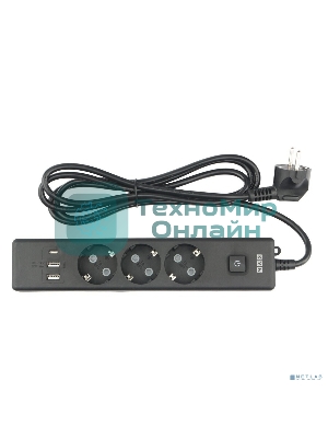Бытовой удлинитель PowerCube, 3 р с/з вык.,3USB, 3500 Вт, 16А, 1.9 м, 3x1,0 черный PC-6B-2M