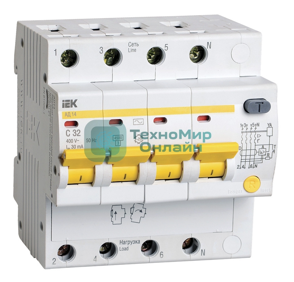 Выключатель автоматический дифференциального тока 4п C 32А 30мА тип AC 4.5кА АД-14 IEK MAD10-4-032-C-030