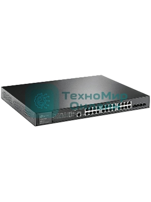 Коммутатор TP-Link 24-port Gigabit Managed PoE switch with 4 10G SFP+ ports, support 802.3af/at PoE, 1 console port, 19-inch rack mount, support L2/L2+ features.