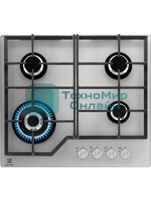 Газовая варочная поверхность ELECTROLUX KGG64362S газ на стекле, 2 чугунных держателя, газконтроль варочной поверхности, интегрированный автоподжиг варочной поверхности, конфорки: Конфорка ускоренного нагрева, средней мощности, Конфорка ускоренного нагрева, средней мощности, WOK конфорка, Конфорка ускоренного нагрева, стандартной мощности,