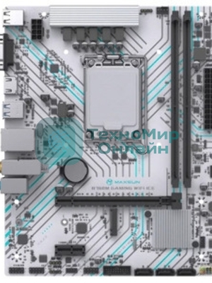 Материнская плата Maxsun B760M GAMING WIFI ICE, LGA 1700, Intel B760, 2xDDR4, 3xSATA, 1xM.2, 1xPCIe 4.0 x16, 1xPCIe x1, 1xVGA, 1xHDMI, 1x1Gb LAN, Wi-Fi 5, Bluetooth 4.2, 2xUSB-A 5Gbps, 4xUSB-A 2.0, 3x3.5 мм, 7.1, белый, mATX