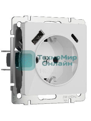 Розетка с заземлением, шторками и USB тип A+C (белый акрил)