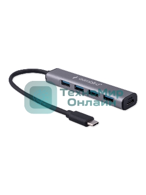 Разветвитель USB3.1 Gembird UHB-C474, 4хUSB, с доп.питанием (порт Type-C), кабель Type-C 19см, алюминий, коробка