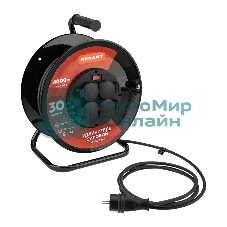 Удлинитель силовой КГ на катушке 4 гнезда Rexant с/з, 30 м, 3х2,5 мм², IP44 с выключателем, c защитными крышками, металлическая катушка