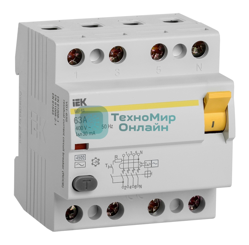 Выключатель дифференциального тока (УЗО) 4п 63А 30мА тип AC ВД1-63 IEK MDV10-4-063-030