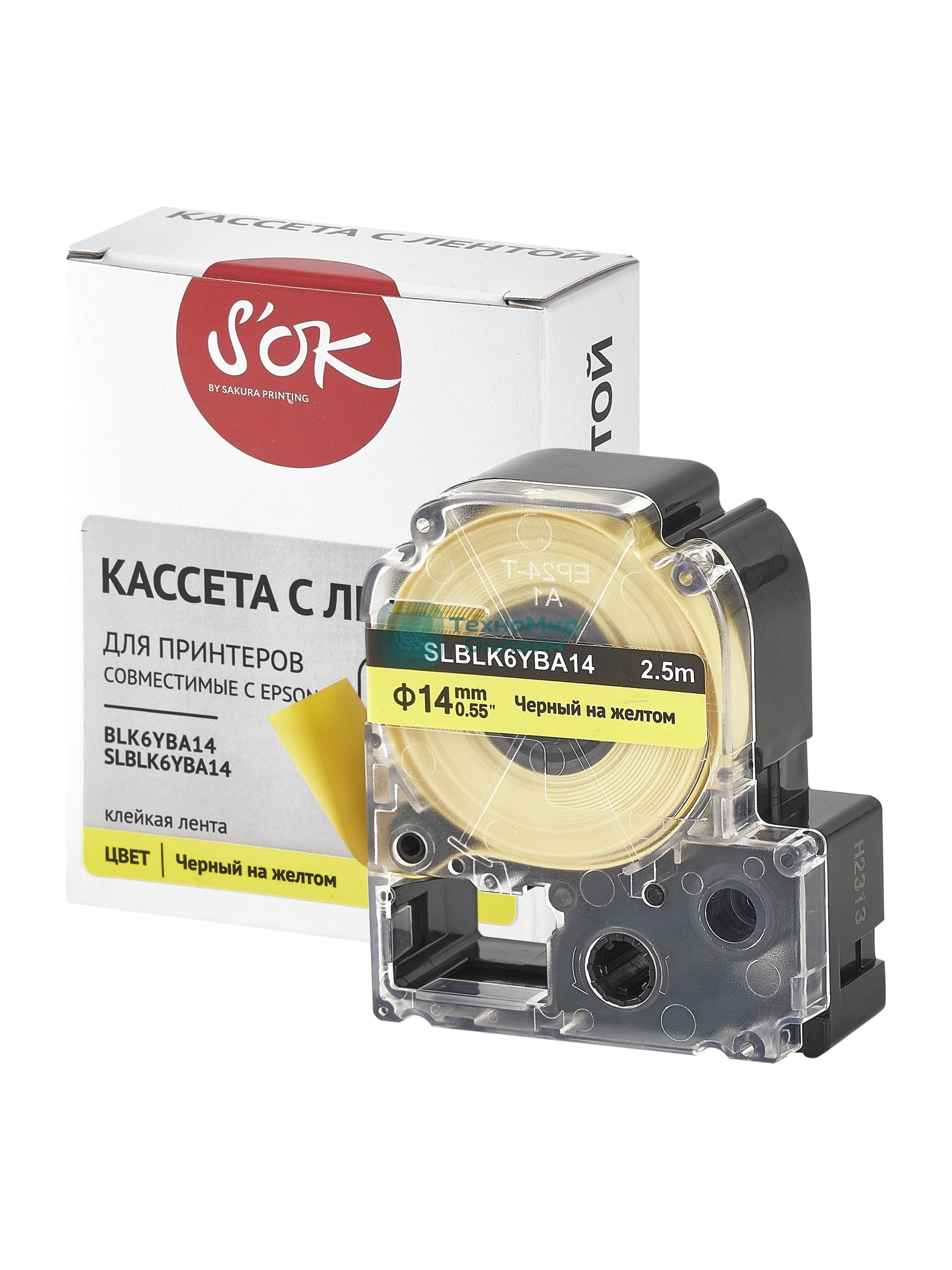 Кассета с лентой S'OK by Sakura Printing BLK6YBA14 для Epson, черный на желтом, 14мм/2.5м