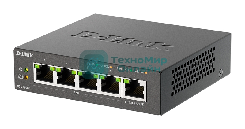 Коммутатор неуправляемый D-Link DGS-1005P/B3A с 5 портами 10/100/1000Base-T (4 порта PoE 802.3af/at, PoE-бюджет 60 Вт)