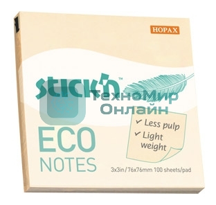 Блок самоклеящийся бумажный Stick`n ECO 21745 76x76 мм, 100 листов, 60 г/м2, пастель, желтый