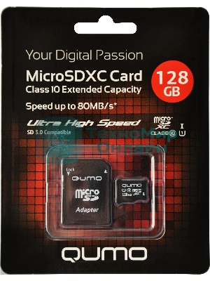 Флеш карта Micro SecureDigital 128Gb QUMO QM128GMICSDXC10U1 MicroSDXC Class 10 UHS-I, SD adapter