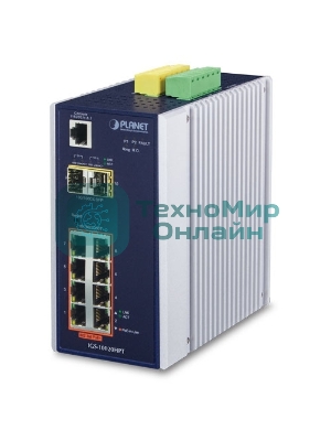 Коммутатор индустриальный PoE IGS-10020HPT для монтажа в DIN-рейку IP30 L2+ SNMP Manageable 8-Port Gigabit POE+(AT) Switch + 2-Port Gigabit SFP Industrial Switch (-40 to 75 C), ERPS Ring Supported, 1588
