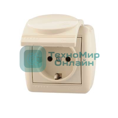 Розетка 1-м ОП Ната с защ. крышкой керам. с заземл. крем. Lezard 710-0300-123