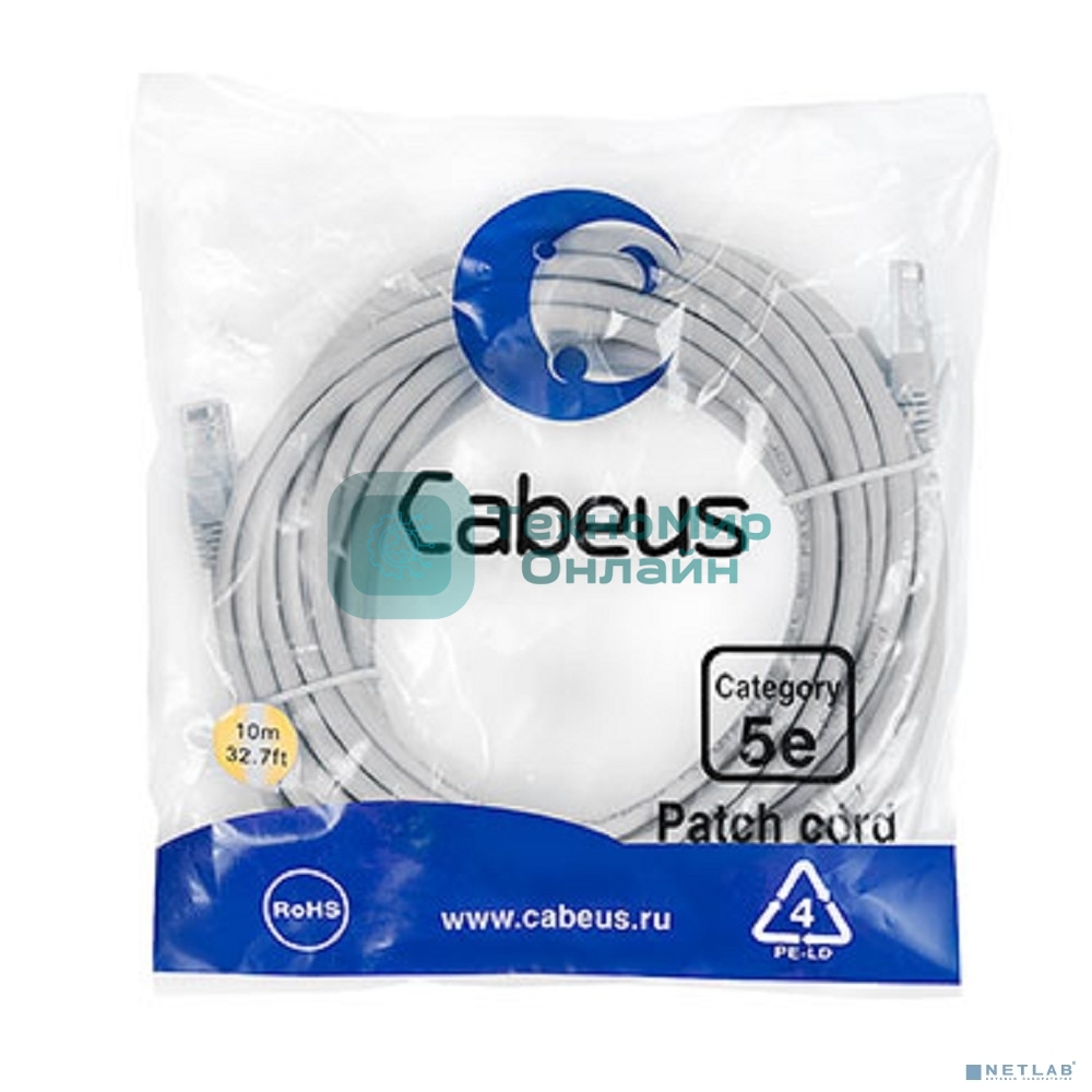 Патч-корд Cabeus PC-UTP-RJ45-Cat.5e-10m U/UTP, cat.5е, 2xRJ45/8p8c, неэкранированный, серый, PVC, 10м
