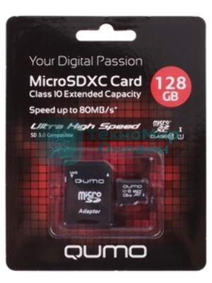 Флеш карта MicroSDXC 128Gb QUMO Class 10 UHS-I U3 черный adp