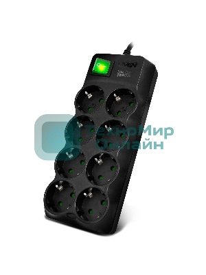 Сетевой фильтр SVEN SF-08E-16 (3 м 8 розеток с защитными шторками,16А) черный, цветная коробка