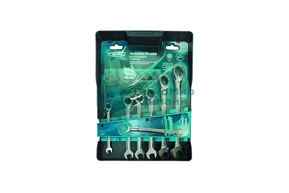 Набор ключей комбинированных Gross 14890 с трещоткой, 8 - 19 мм, 7шт., CrV