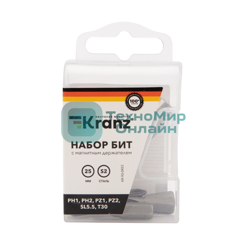 Набор бит Kranz 25 мм PH1, PH2, PZ1, PZ2, SL5.5, T30 с магнитным держателем (7 шт./уп.)
