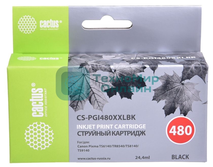 Картридж струйный Cactus CS-PGI480XXLBK черный (24.4мл) для Canon Pixma TR7540/TR8540/TS6140/TS8140