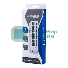 Разветвитель USB2.0 Gembird UHB-U2P7-01W, 7хUSB, с доп. питанием, подсветка и выключатели, кабель USB 55 см, белый, коробка