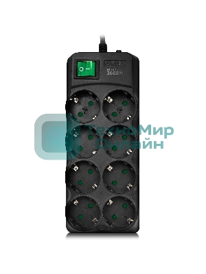 Сетевой фильтр SVEN SF-08E-16 (3 м 8 розеток с защитными шторками,16А) черный, цветная коробка