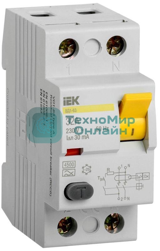 Выключатель дифференциального тока (УЗО) IEK MDV11-2-032-030 ВД1-63 2Р 32А 30мА тип А IEK