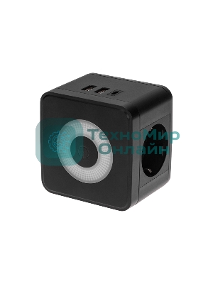 Двойник электрический Rexant Куб 16А с заземлением + 2хUSB-A 2,4А + USB Type-C 3А с ночной подсветкой, черный