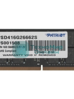 Оперативная память Patriot Signature, DDR4, 16GB (1x16 GB), 2666 MHz, CL19, SO-DIMM