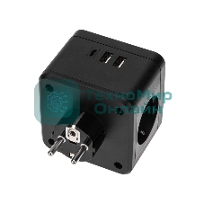 Двойник электрический Rexant Куб 16А с заземлением + 2хUSB-A 2,4А + USB Type-C 3А с ночной подсветкой, черный