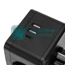 Двойник электрический Rexant Куб 16А с заземлением + 2хUSB-A 2,4А + USB Type-C 3А с ночной подсветкой, черный