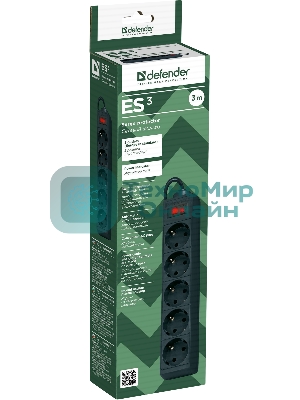 Сетевой фильтр Defender ES, 3.0 м, 5 розеток, черный