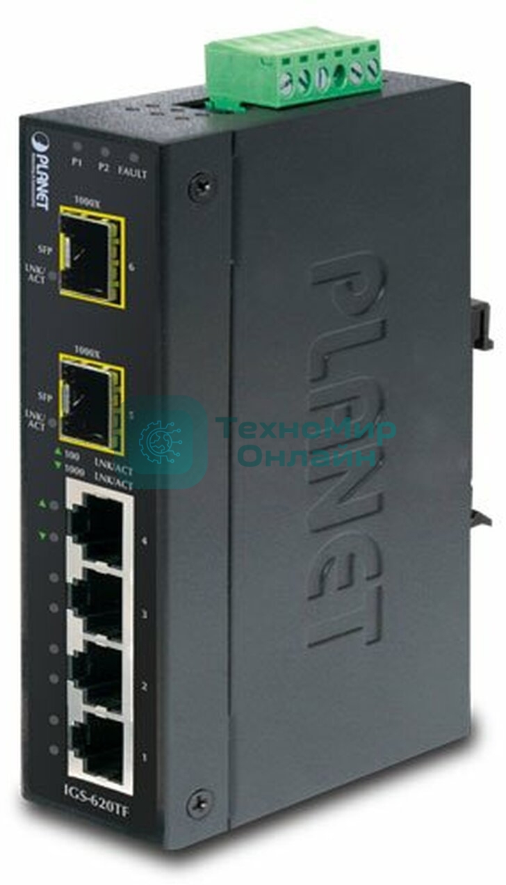 КоммутаторIGS-620TF индустриальный неуправляемыйIP30 Industrial 4-Port 10/100/1000T + 2-Port 100/1000X SFP Gigabit Switch (-40 to 75 degree C)