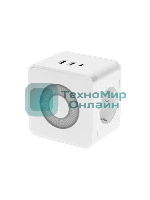 Двойник электрический Rexant Куб 16А с заземлением + 2хUSB-A 2,4А + USB Type-C 3А с ночной подсветкой, белый