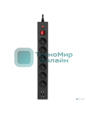 Сетевой фильтр Buro BU-SP3 USB 2A-B 3 м, 6 розеток, черный, коробка