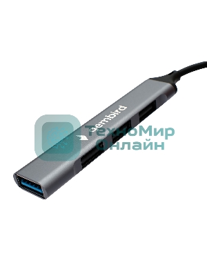 Разветвитель USB3.0/2.0 Gembird UHB-C202, USB3.0, 3xUSB2.0, кабель Type-C 10 см, алюминий, пакет