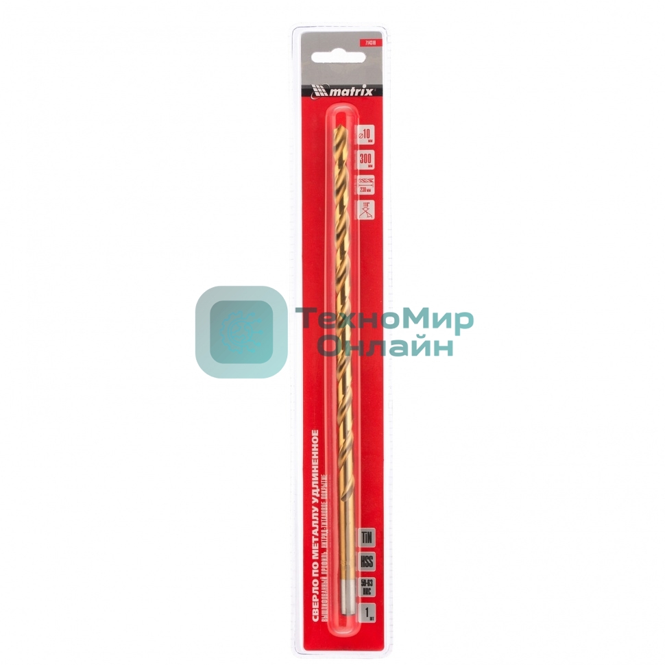 Сверло спиральное по металлу Matrix 10 x 300мм, HSS, нитридтитановое покрытие