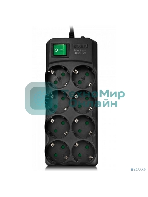 Сетевой фильтр SVEN SF-08E-16 (1,8 м 8 розеток с защитными шторками,16А) черный, цветная коробка