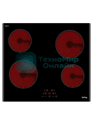 Встраиваемая электрическая панель Korting HK 60003 B Стеклокерамика, ширина 60 см, сенсорное управление, 4 зоны нагрева, таймер, LED индикация для каждой зоны, индикация остаточного тепла, автоматическое отключение, функция 