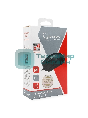 Мышь проводная Gembird MUSOPTI9-905U черный, 1000 dpi, USB, кнопки - 3