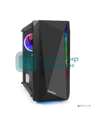 Компьютерный корпус Minitower ExeGate EX294384RUS Mistery R2 (mATX, без БП, 2*USB+1*USB 3.0, аудио, черный, 1 вент. 12см с RGb подсветкой и полоса на передней панели, боковая панель - закаленное стекло)