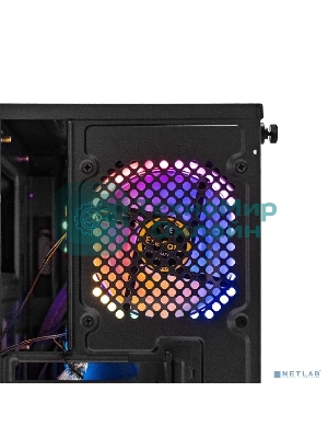 Компьютерный корпус Minitower ExeGate EX294384RUS Mistery R2 (mATX, без БП, 2*USB+1*USB 3.0, аудио, черный, 1 вент. 12см с RGb подсветкой и полоса на передней панели, боковая панель - закаленное стекло)