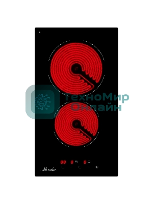 Варочная панель Monsher, High-Tech, Hi-Light, 30 см, 2 конфорки, 9 уровней мощности, сенсорное управление, автоматическое отключение, индикация остаточного тепла, таймер, черный