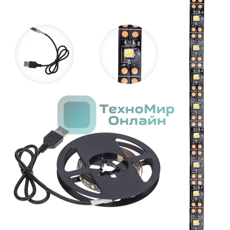 Лента светодиодная с USB-коннектором 5 В IP23 SMD 2835 60 LED/м 2 м белый (6500 K) LAMPER